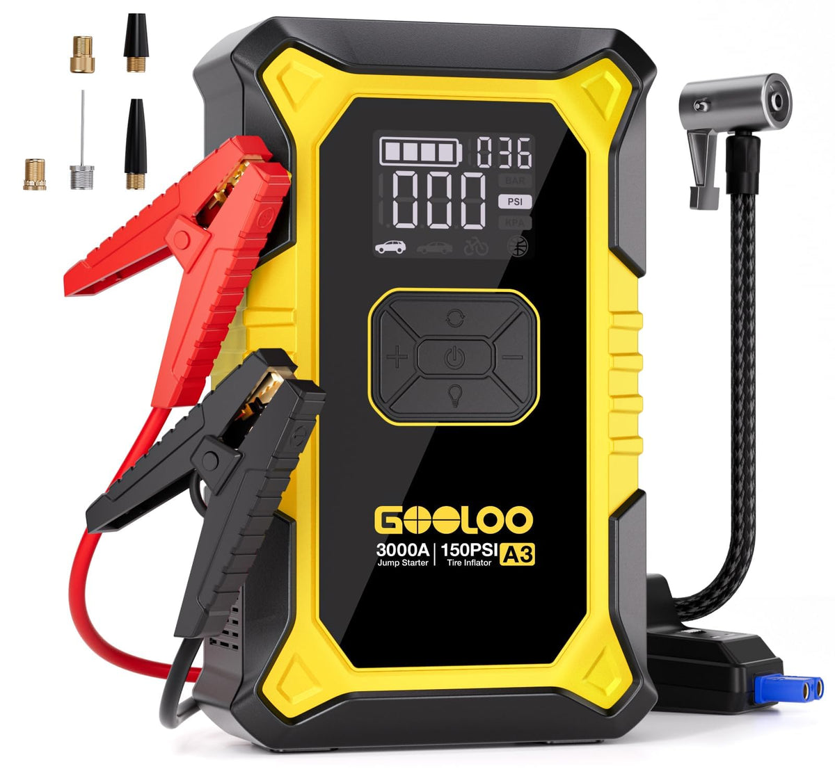 GOOLOO A3 front view showing compact jump starter and controls for quick roadside help