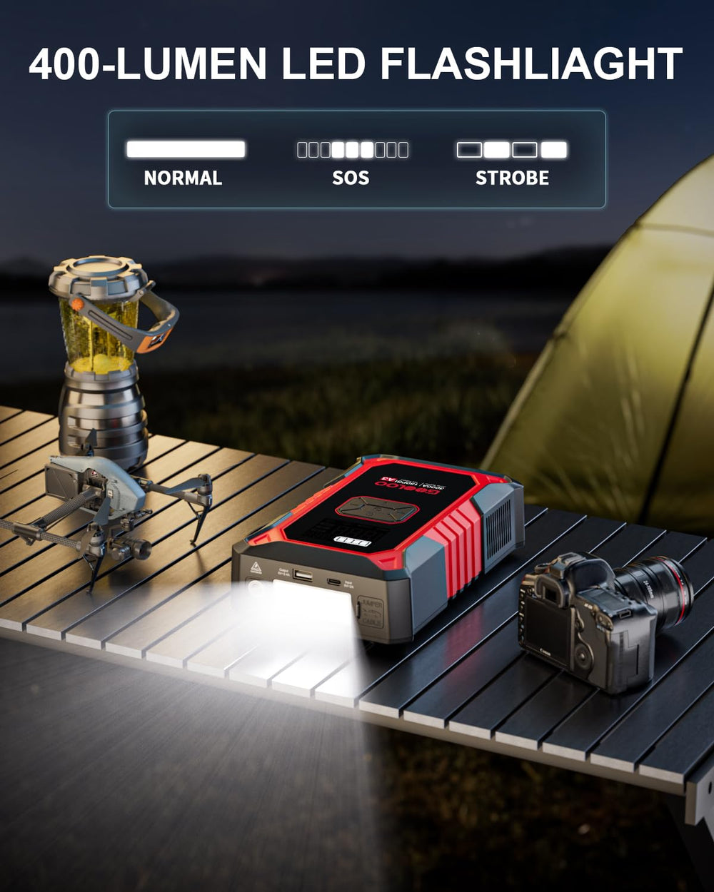 GOOLOO A3 next to a smartphone to show compact scale and power-bank utility