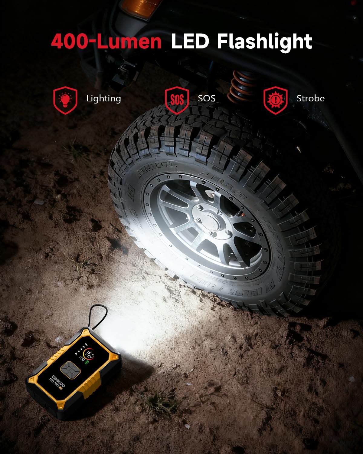 GOOLOO inflating a pickup tire quickly, demonstrating heavy-duty inflation speed