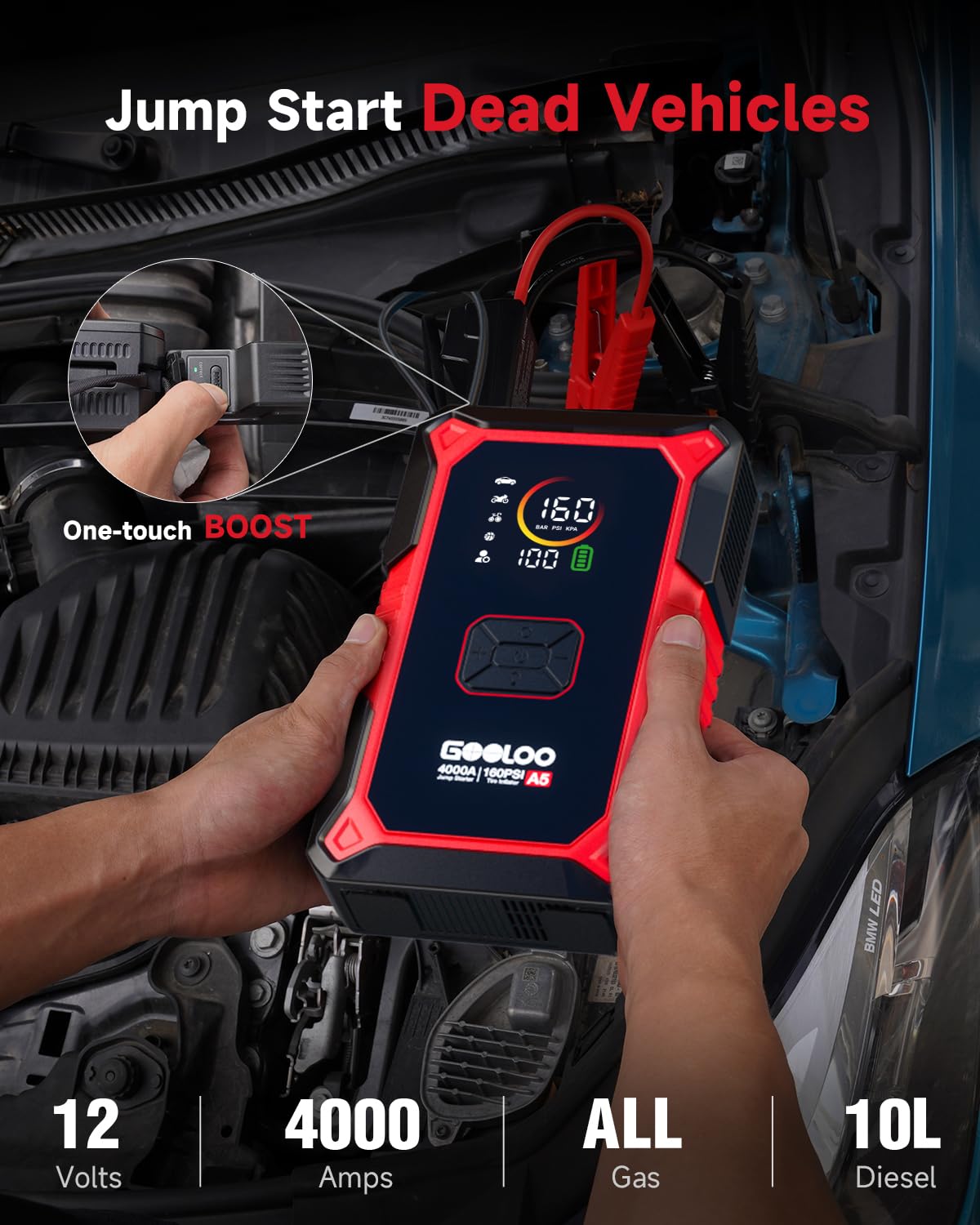 GOOLOO smart jumper cables close-up showing clamp detail for safer jump-starts