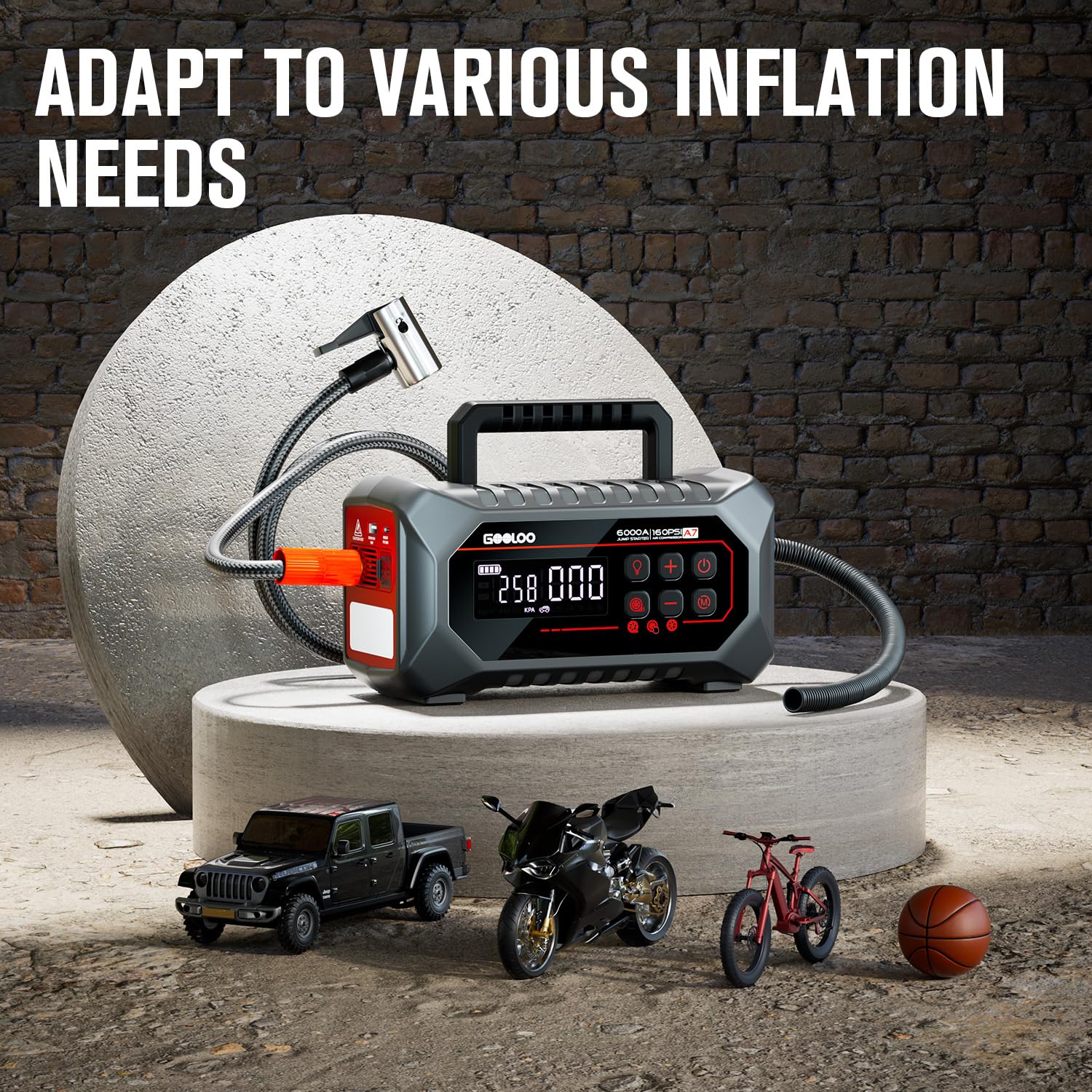 GOOLOO laid-out accessories including nozzles, hose, cables for immediate use