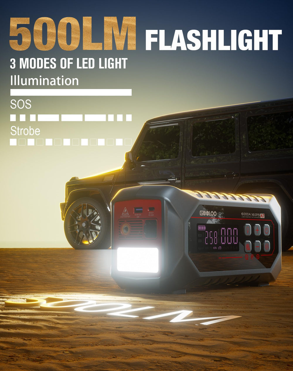 GOOLOO A7 LED and SOS lights illuminated for nighttime roadside visibility