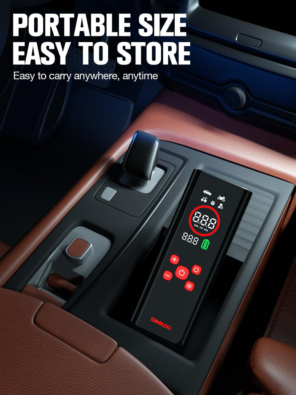 GOOLOO AP150 PRO fitting inside a glove compartment showcasing compact size