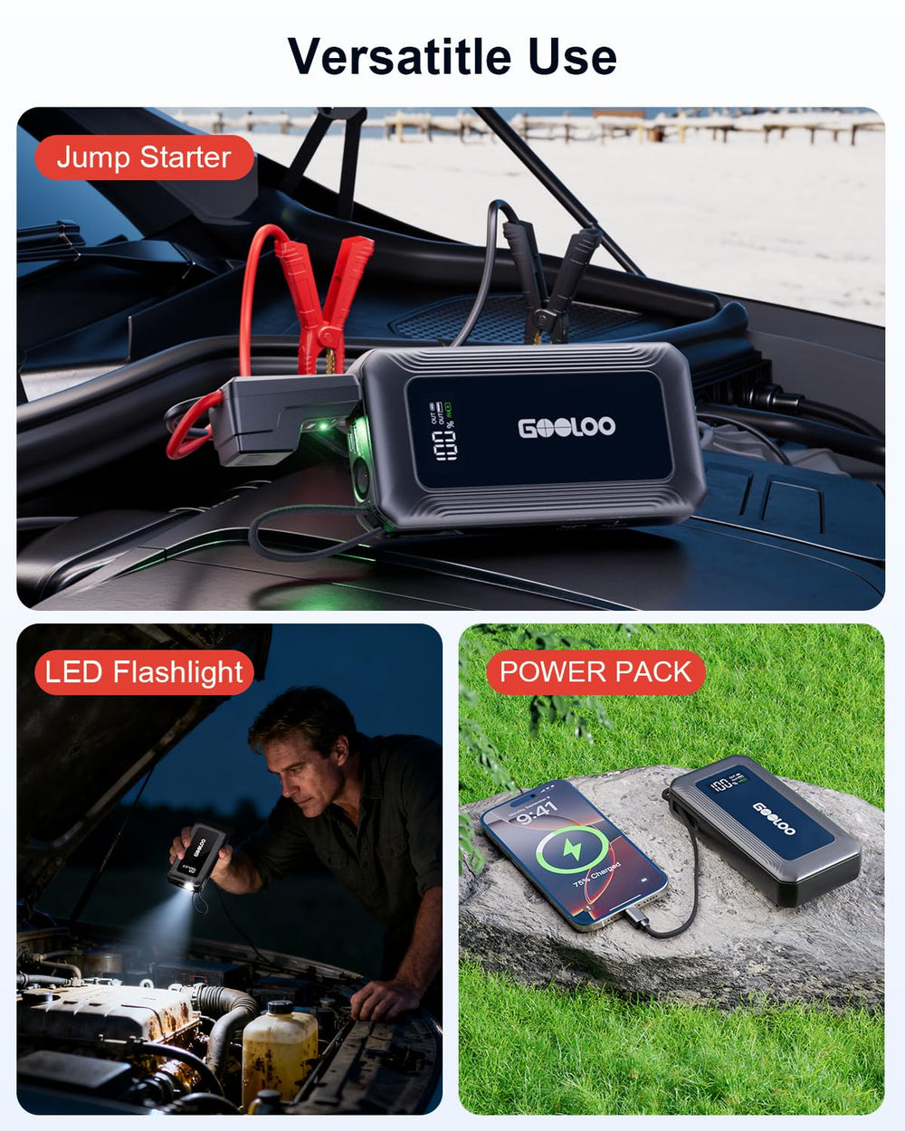GOOLOO G7 alongside smartphone showing compact size and portability