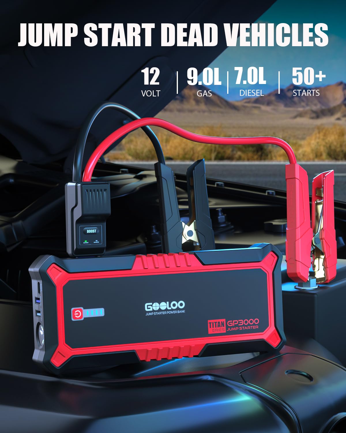 GOOLOO clamps and ports detail with safety features for secure battery connections