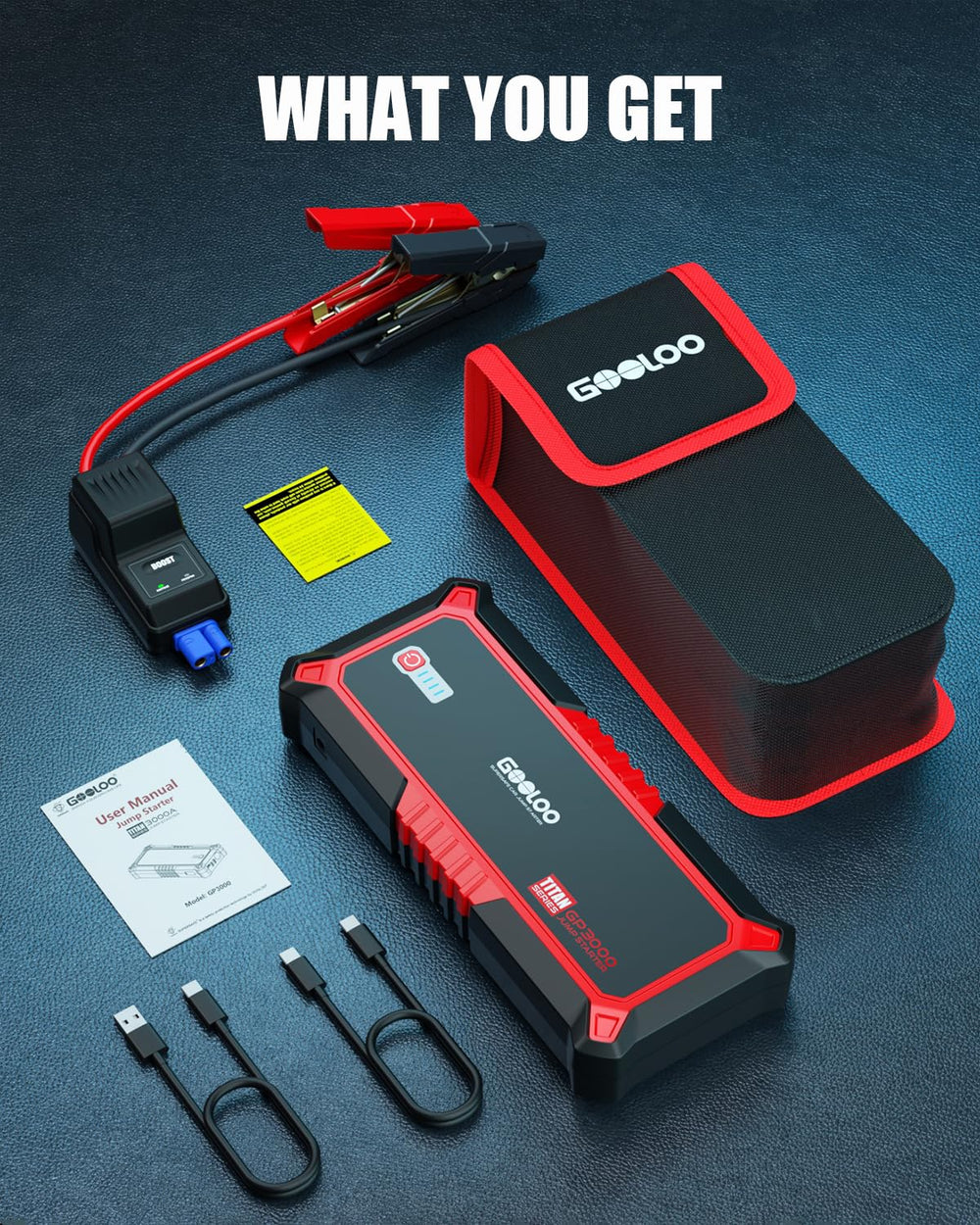 GOOLOO full kit laid out with cables and bag for ready-to-go roadside support