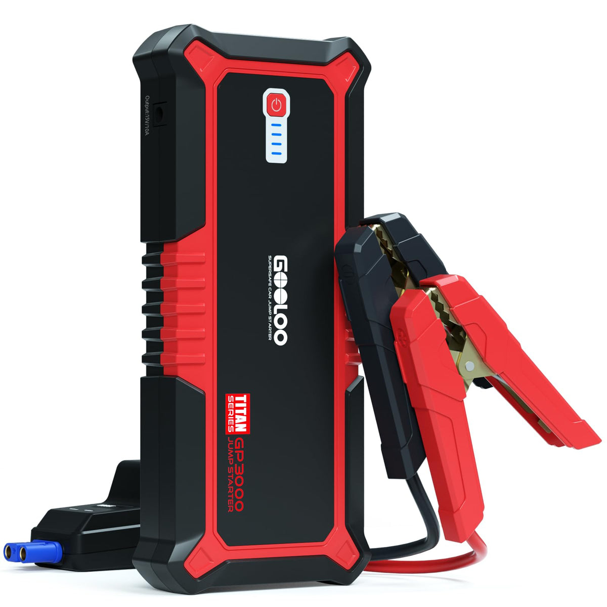 GOOLOO GP3000 front view showing ports and compact profile for confident roadside starting