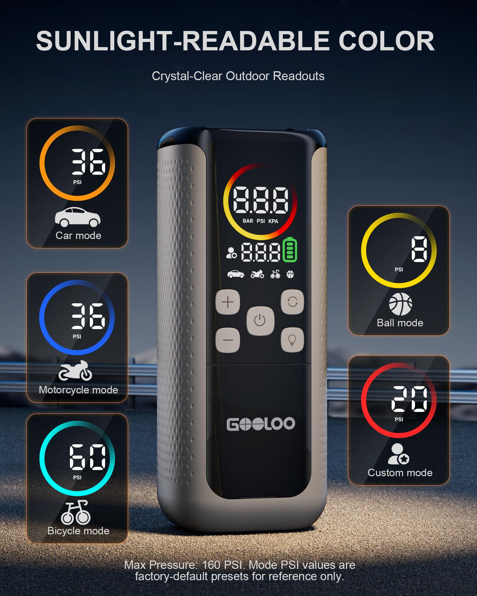 GOOLOO GT160 battery pack view highlighting long runtime for multiple tire inflations