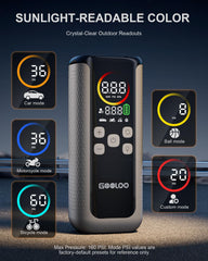 GOOLOO GT160 battery pack view highlighting long runtime for multiple tire inflations