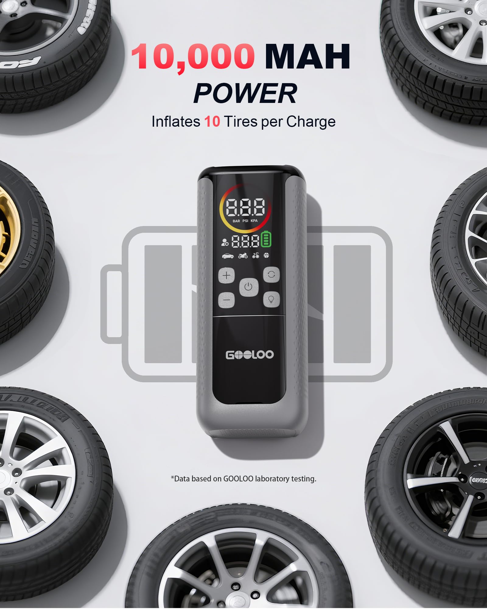GOOLOO GT160 inflating a car tire demonstrating fast 160 PSI fill performance