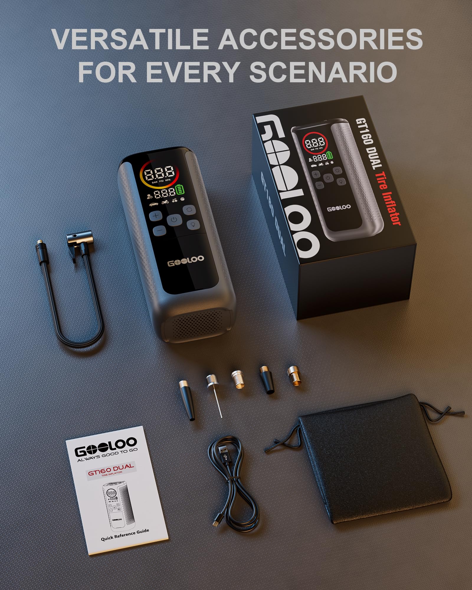GOOLOO GT160 held in hand for scale showing compact 3‑in‑1 portability