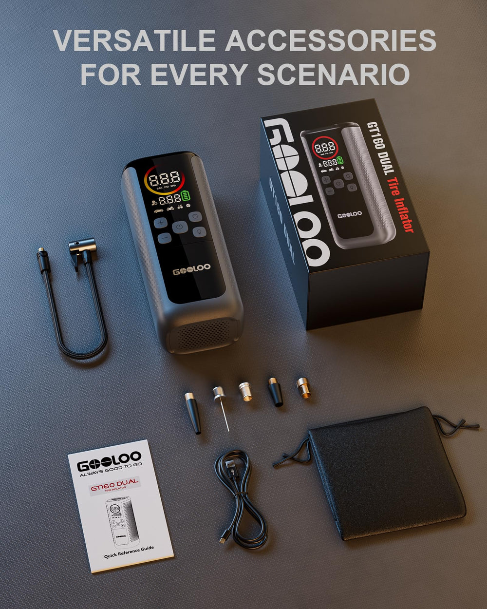 GOOLOO GT160 held in hand for scale showing compact 3‑in‑1 portability