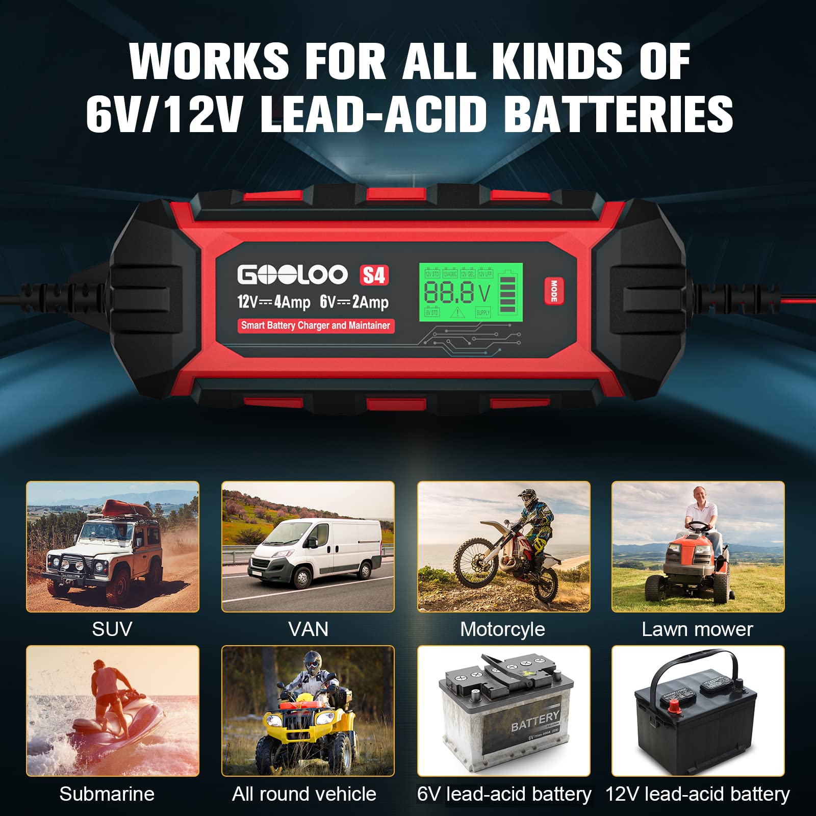GOOLOO S4 connected to a motorcycle battery maintaining reliable charge