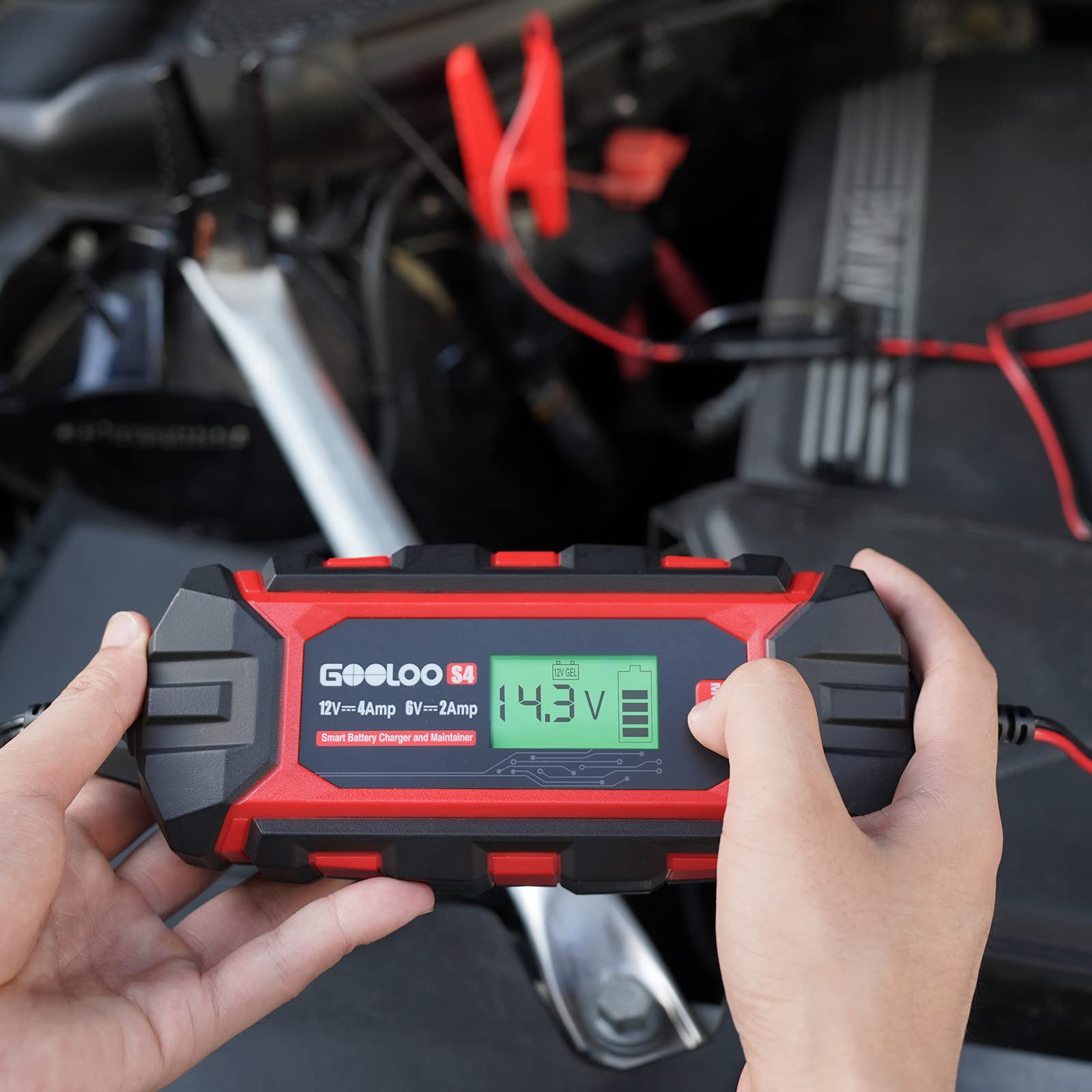 GOOLOO S4 connected with ring terminals for permanent garage installation