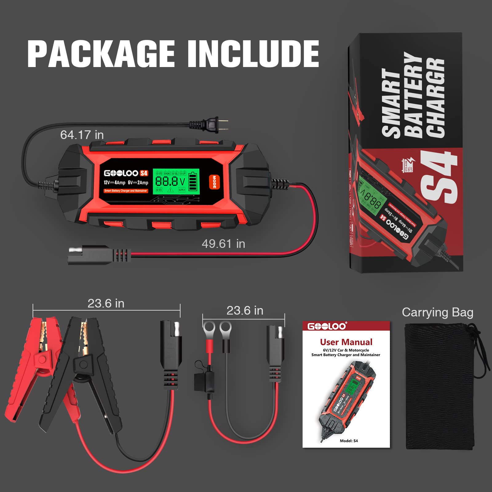 GOOLOO S4 retail packaging with included accessories and user manual