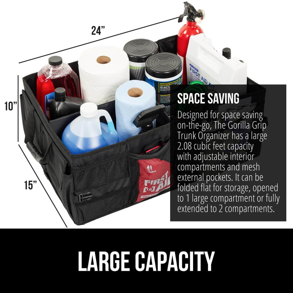 GORILLA GRIP open two compartments holding groceries and gear for tidy trunk organization