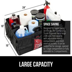 GORILLA GRIP open two compartments holding groceries and gear for tidy trunk organization