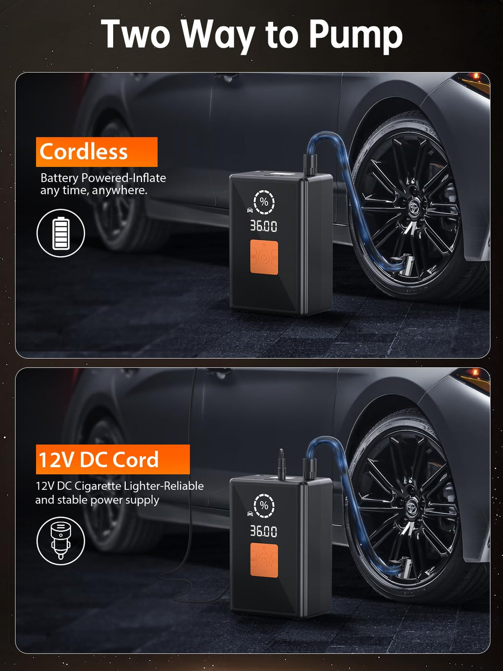 GOSSLIZE battery with 12V cord showing dual power options for roadside use benefit