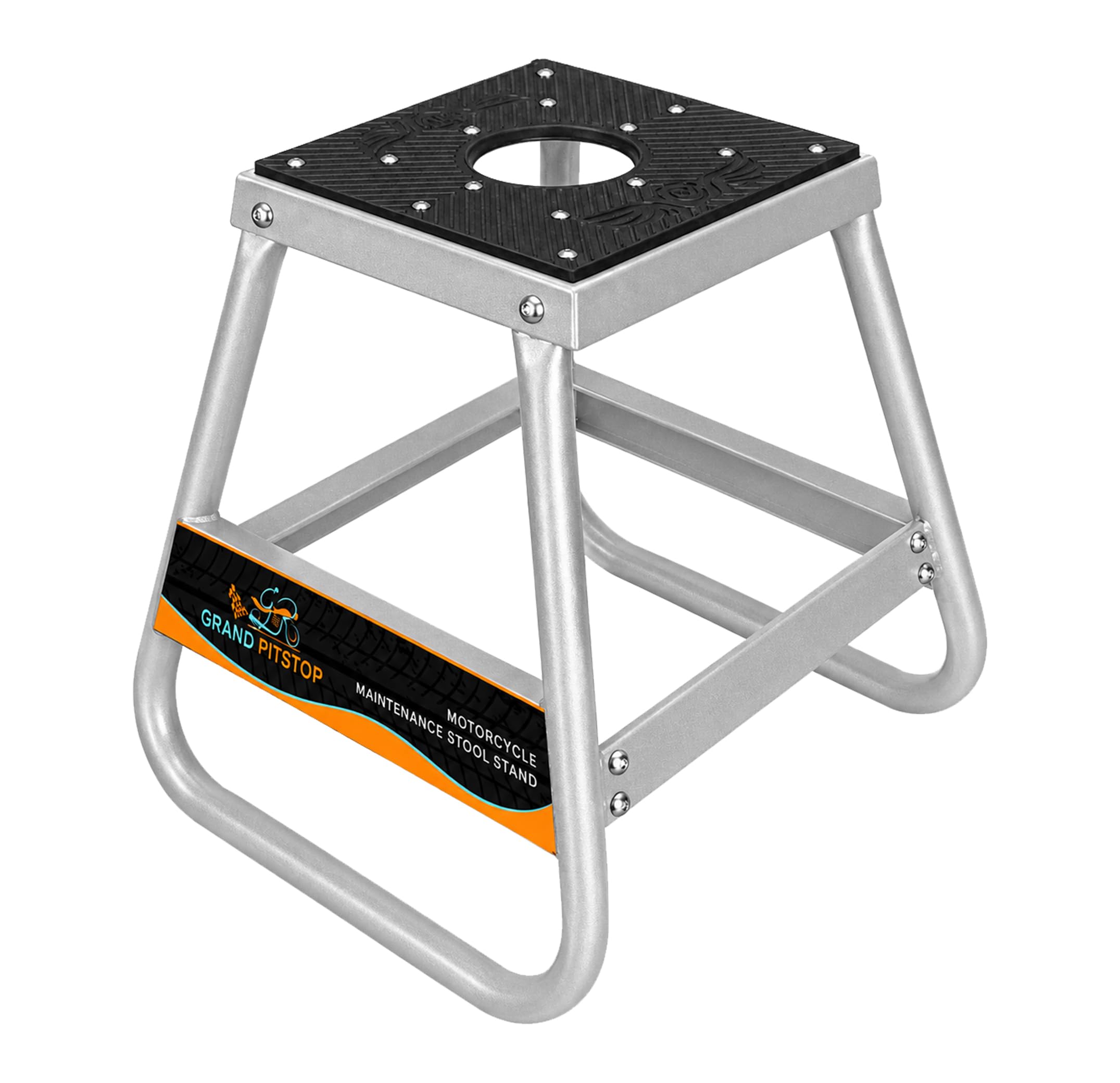 GRAND PITSTOP front view of silver stand showing stable platform and load support
