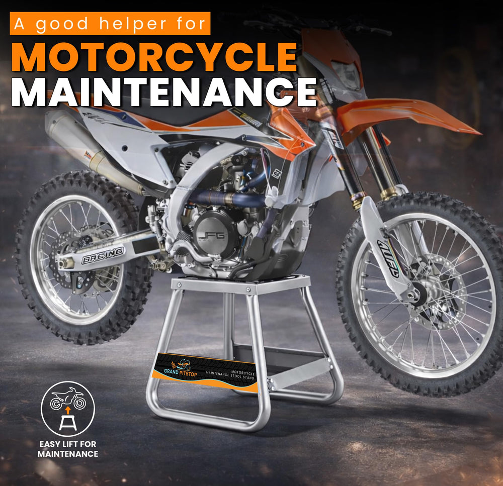 GRAND PITSTOP side profile with dirt bike on stand demonstrating secure elevation