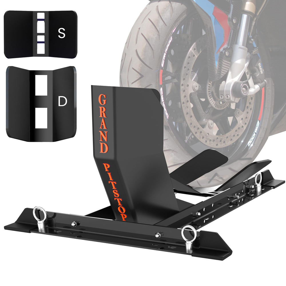 GRAND PITSTOP next to motorcycle wheel for clear size and fit comparison