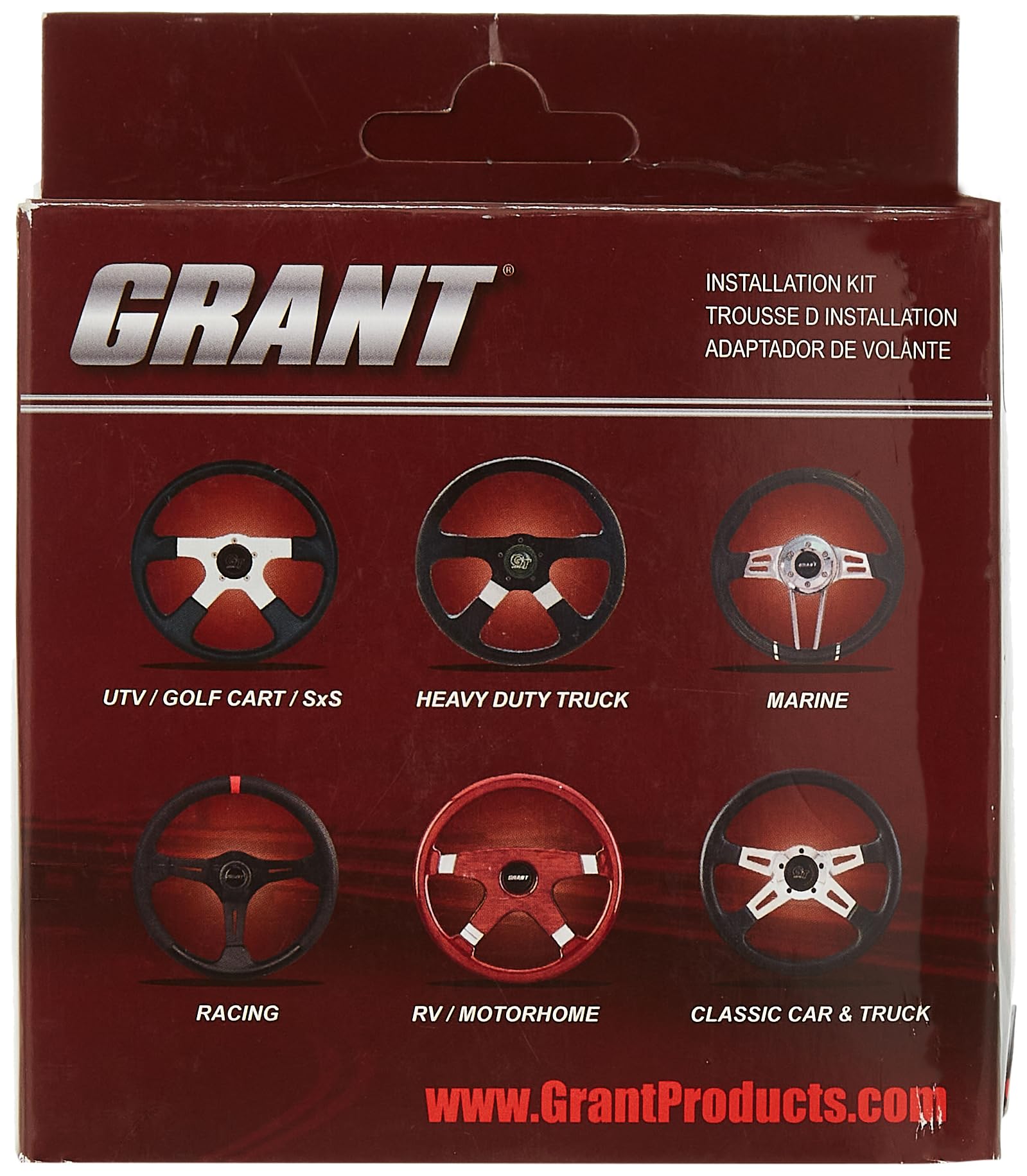 Grant installation kit front packaging showing included parts and fitment benefits