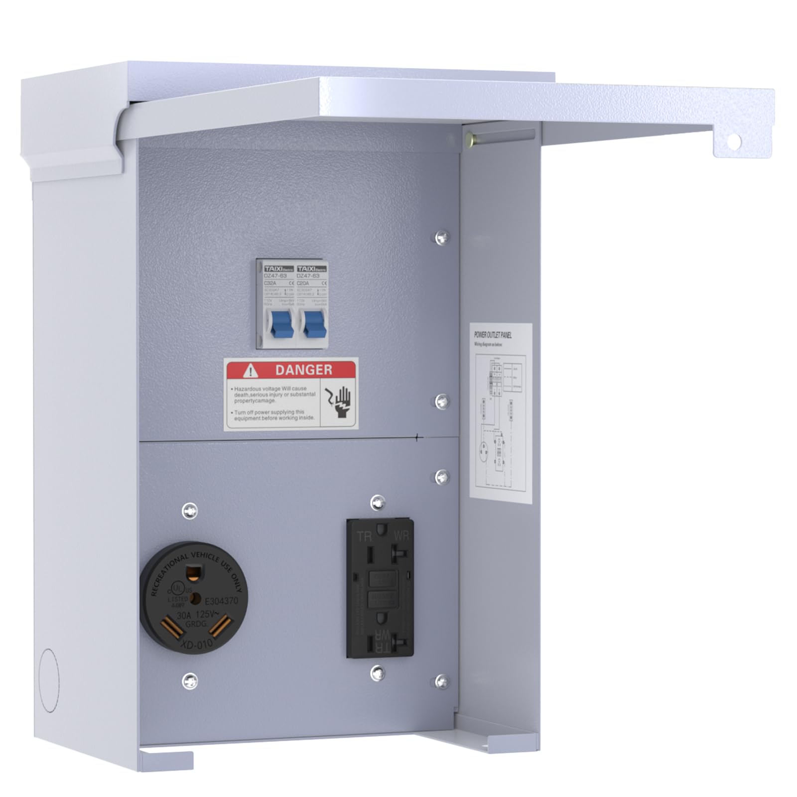 Gravimorph front panel view showing both 20A and 30A outlets for versatile power