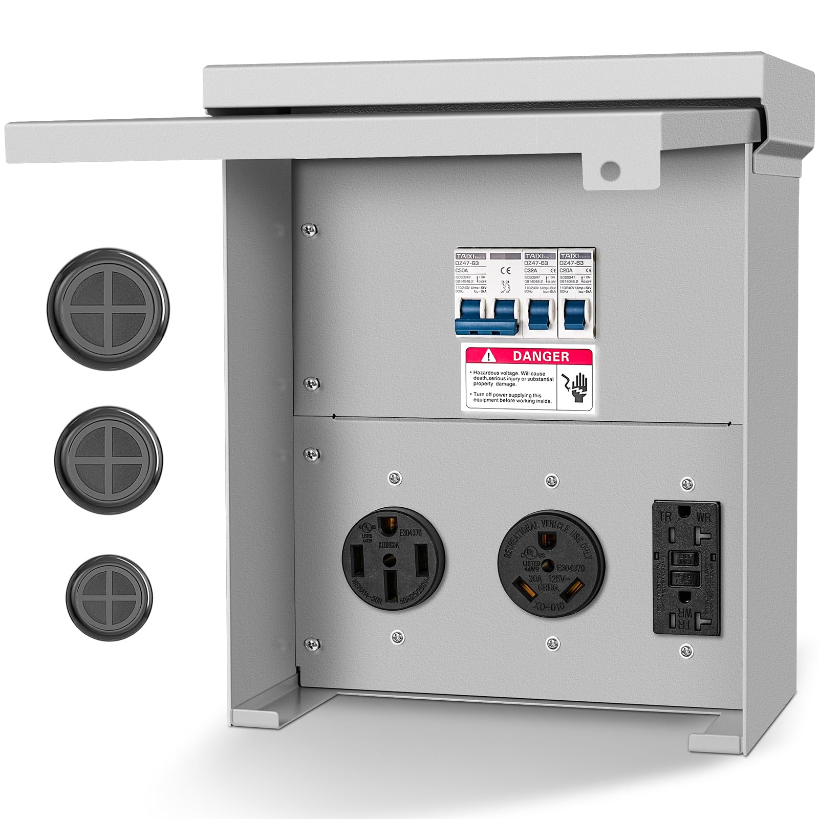 Gravimorph front view showing all three outlets and secure cover for safe use