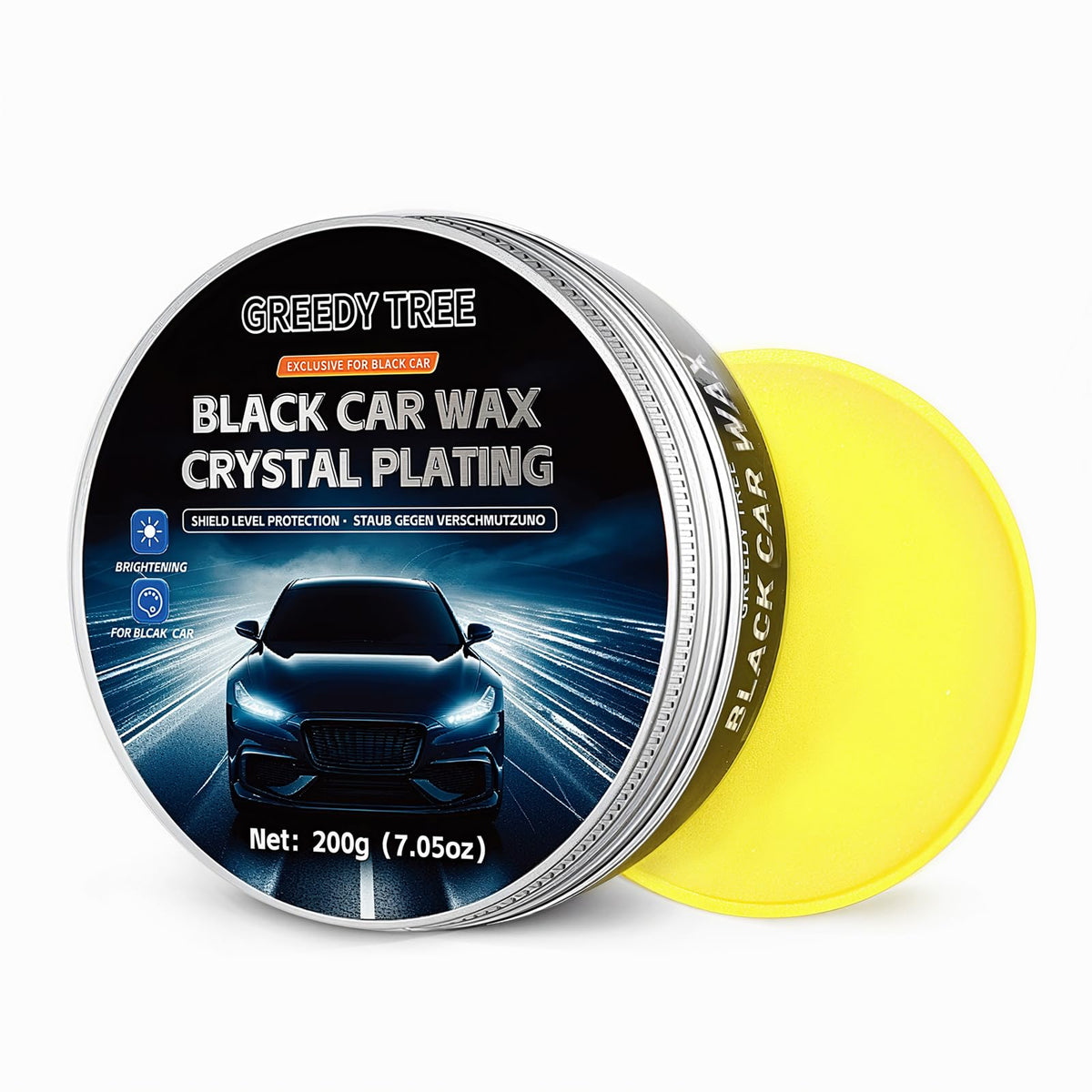 Greedy tree front tin showing label and benefit of high gloss