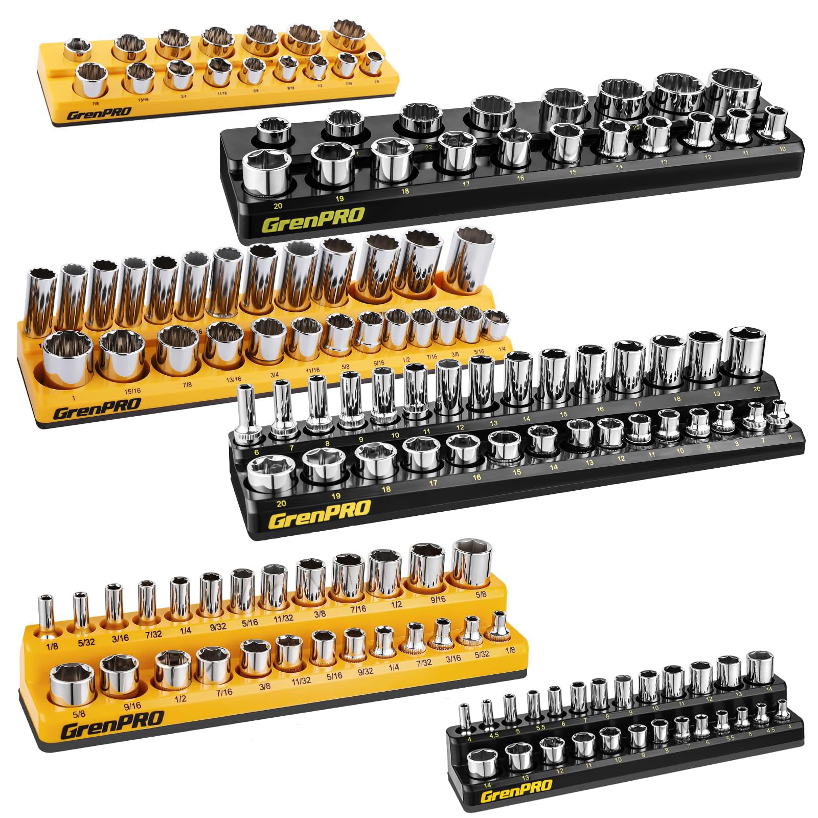 GRENPRO front view showing all six trays and color-coded organization benefits