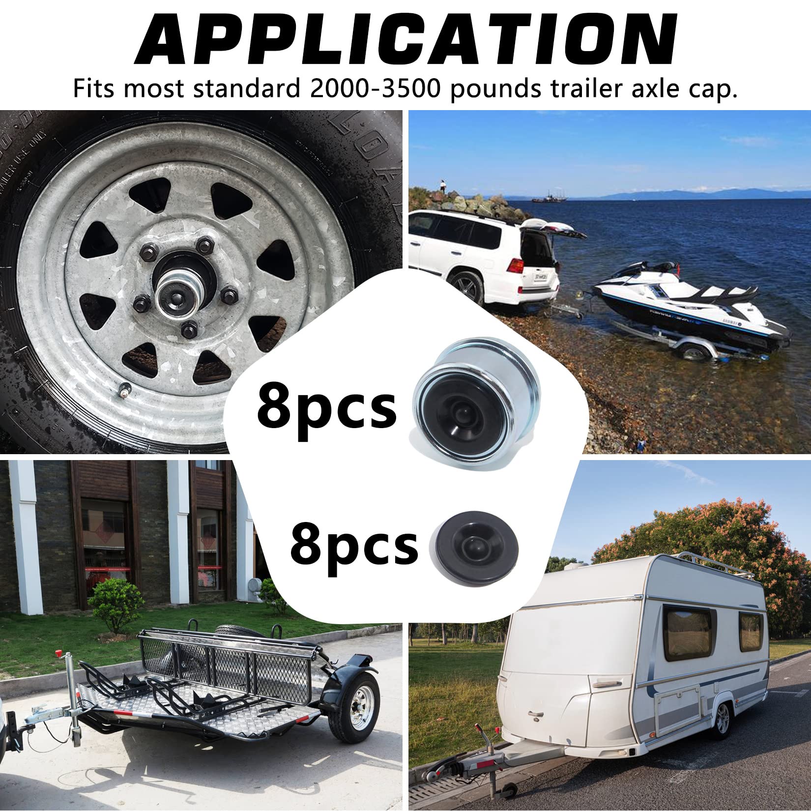 GREPSPUD lifestyle shot of trailer by water showing protection for boat trailer hubs