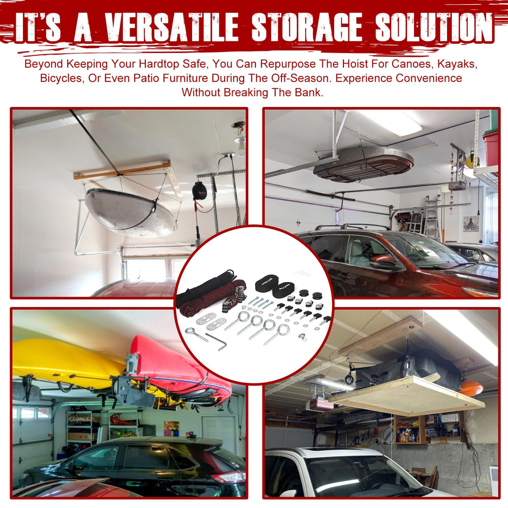 GRERTY storing a kayak overhead, demonstrates versatile seasonal storage