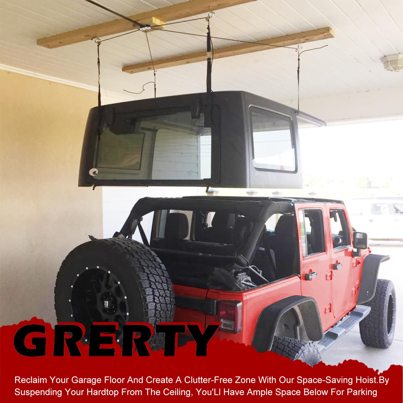 GRERTY in a tidy garage with Jeep underneath, creates usable workspace