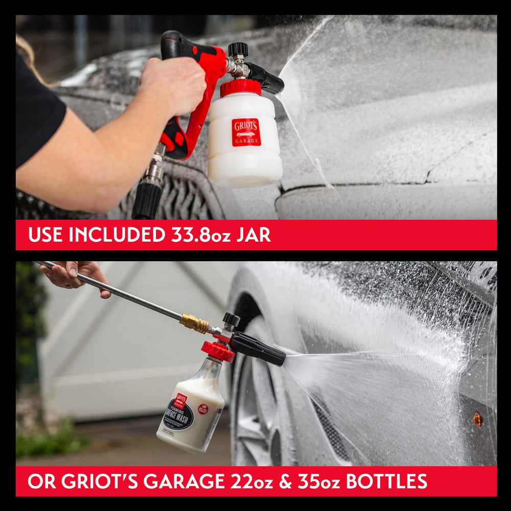 Griot's Garage foam cannon producing thick foam on SUV demonstrating deeper cleaning coverage benefit