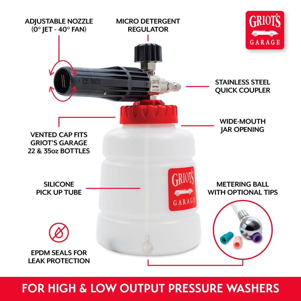 Griot's Garage adjustable nozzle showing spray pattern control and tailored application benefit