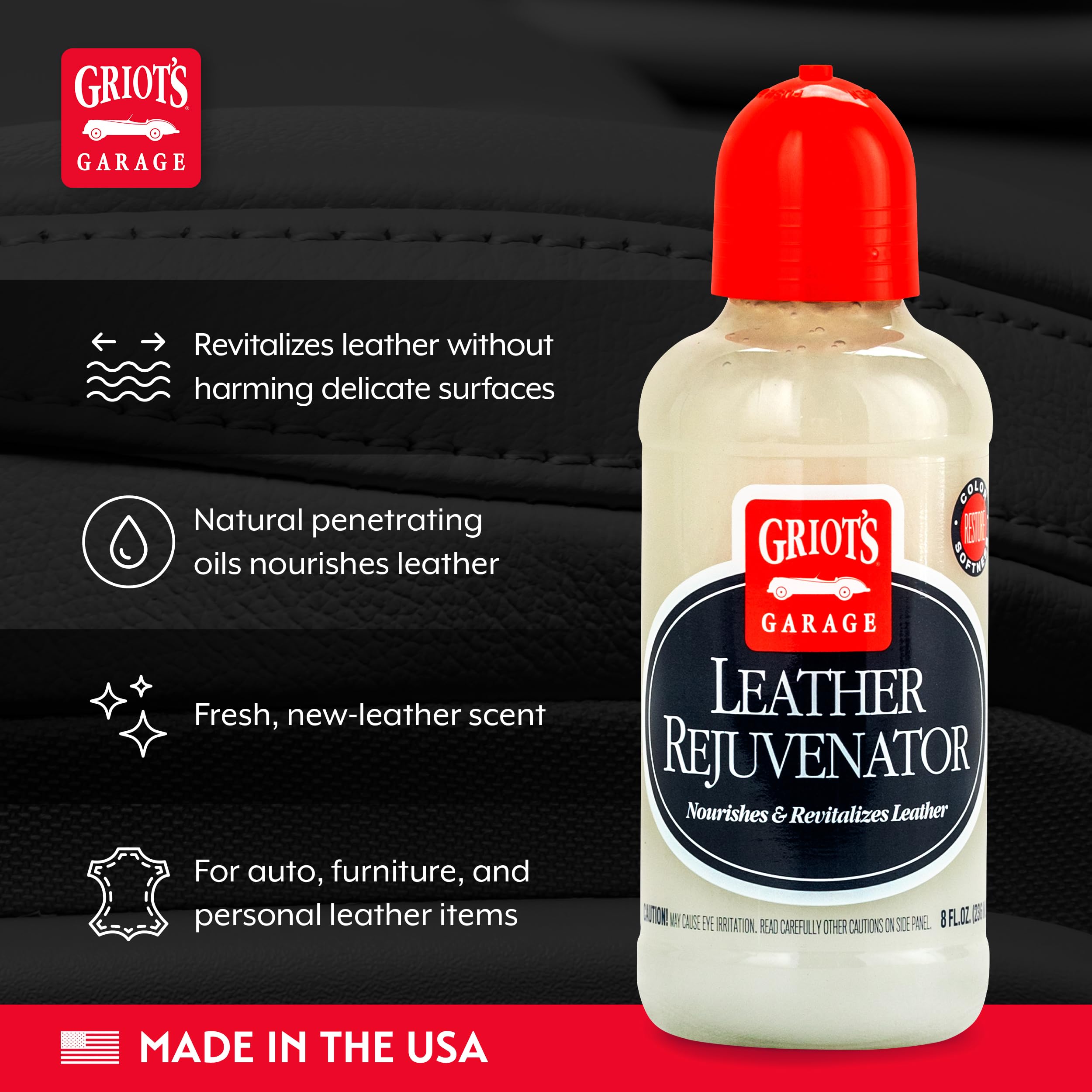 Griot's Garage applied on car seat demonstrating improved flexibility and conditioned finish