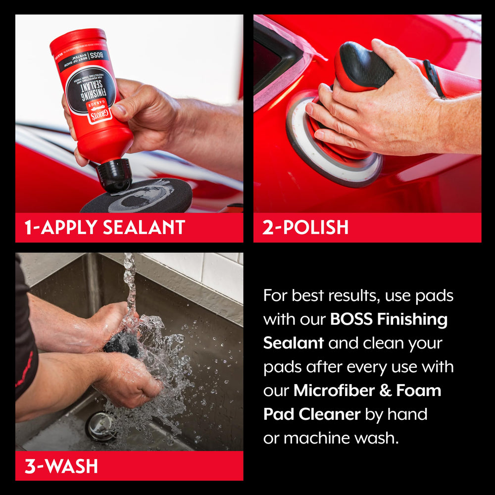 Griot's Garage pad mounted on orbital polisher demonstrating controlled polishing