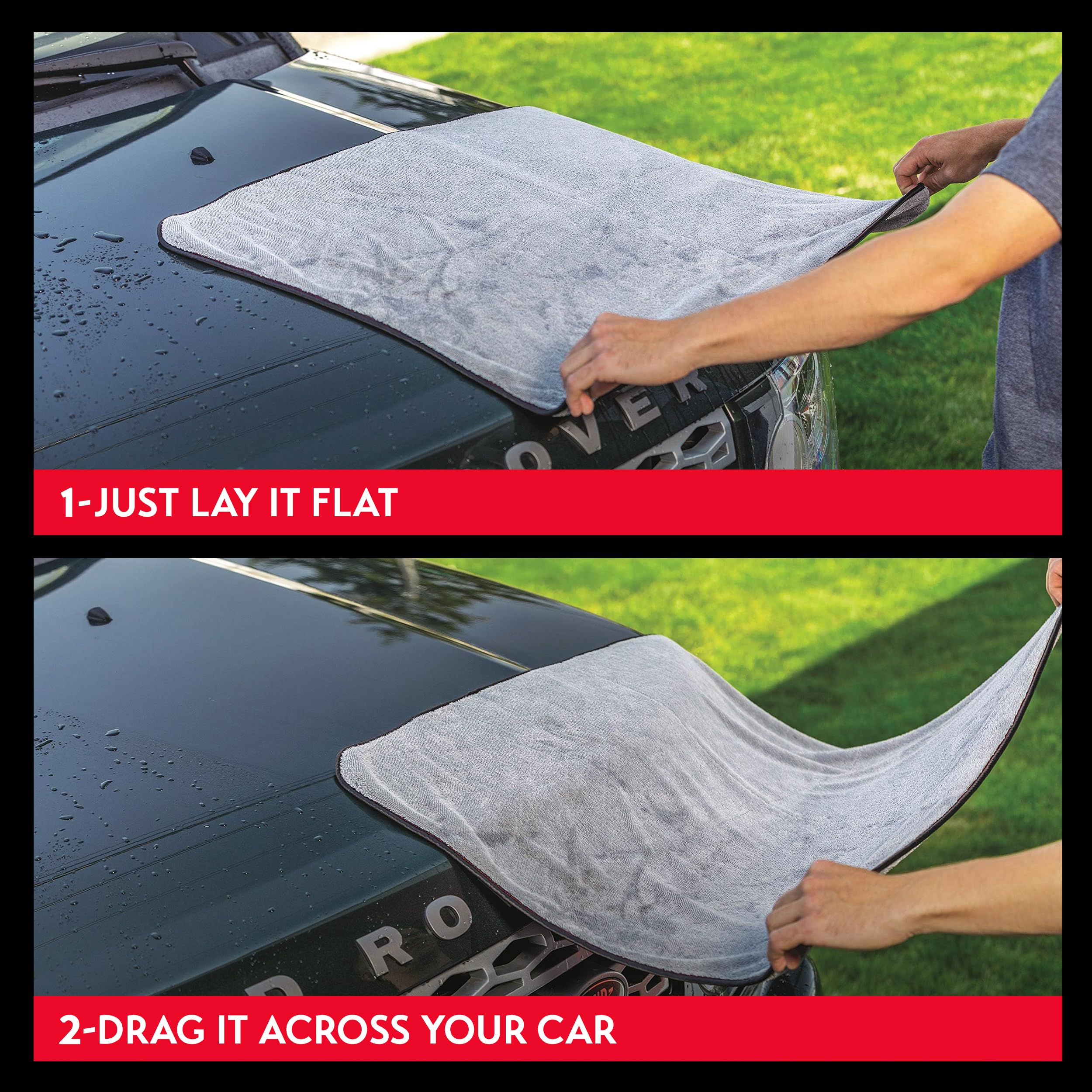 Griot's Garage towel being pulled across a car hood for streak-free drying