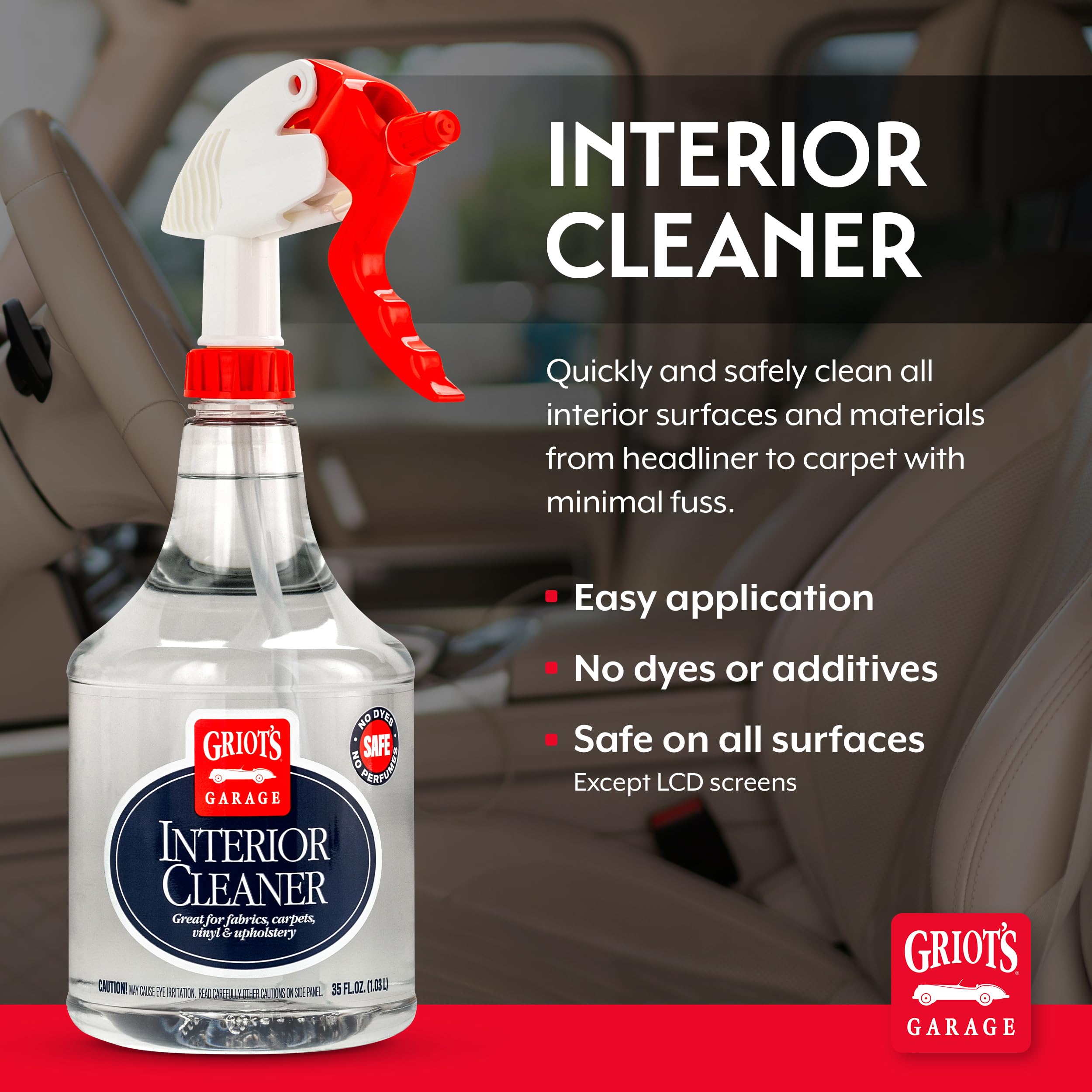Griot's Garage spray being applied to a car seat for fast stain removal