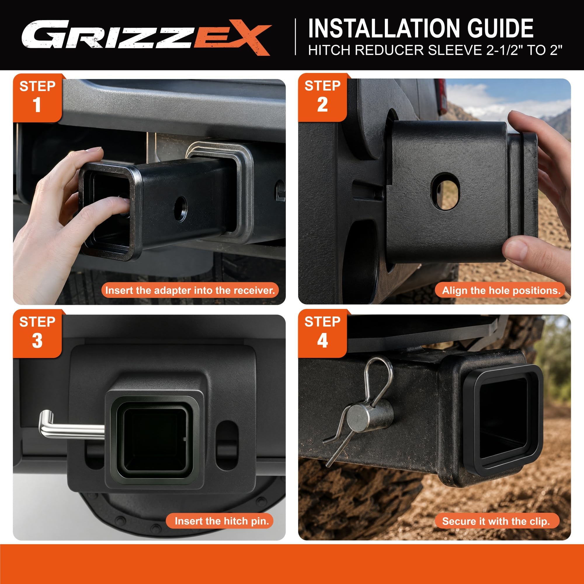 GRIZZEX adapter installed in RAM receiver showing secure fit benefit