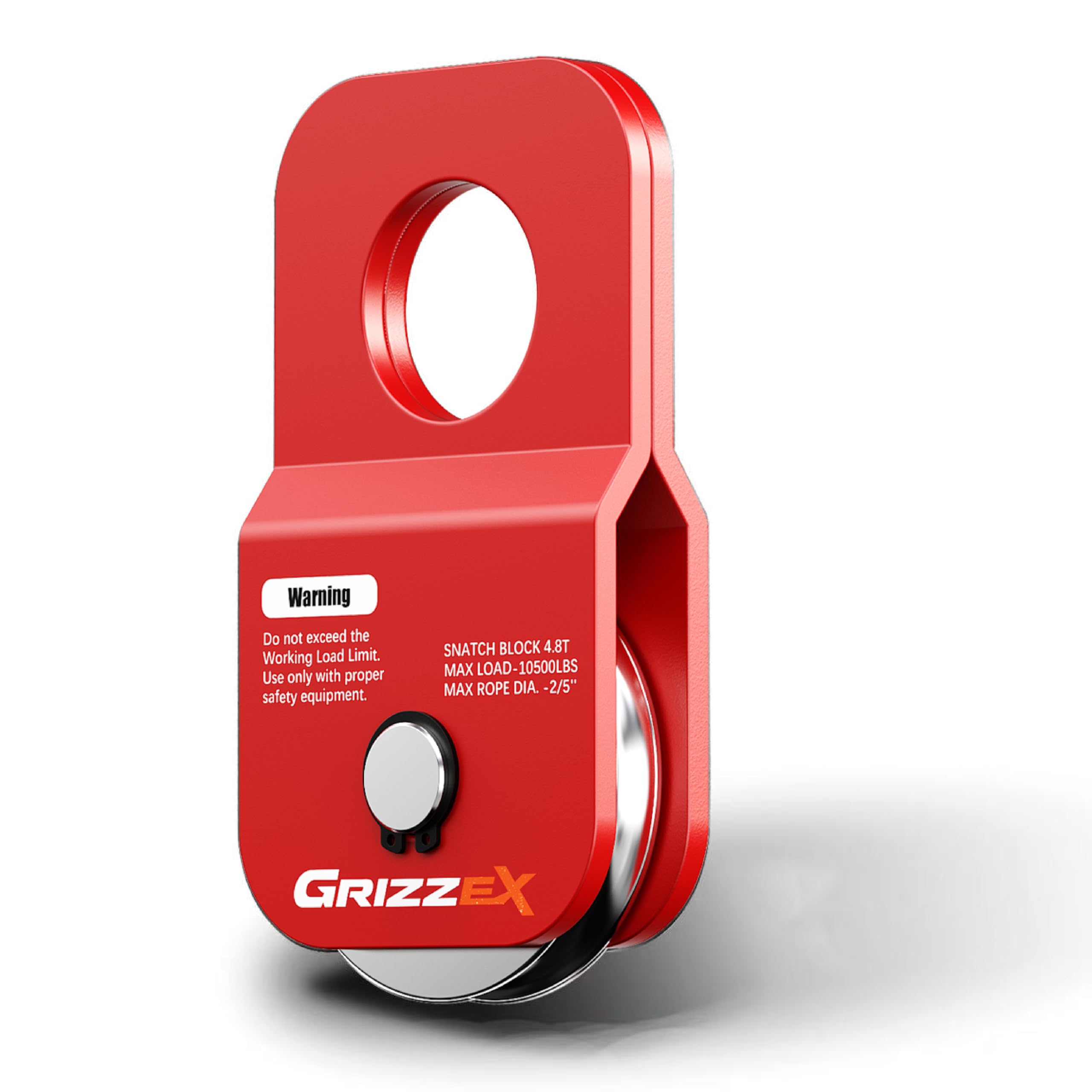 GRIZZEX front view of snatch block showing red powder coat and compact shape, durable finish benefit