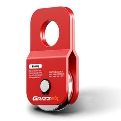 GRIZZEX front view of snatch block showing red powder coat and compact shape, durable finish benefit