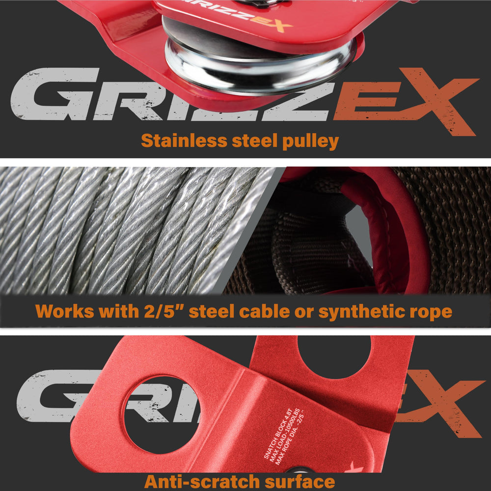 GRIZZEX snatch block attached to a D-ring shackle demonstrating secure connection and safe rigging