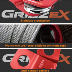 GRIZZEX snatch block attached to a D-ring shackle demonstrating secure connection and safe rigging