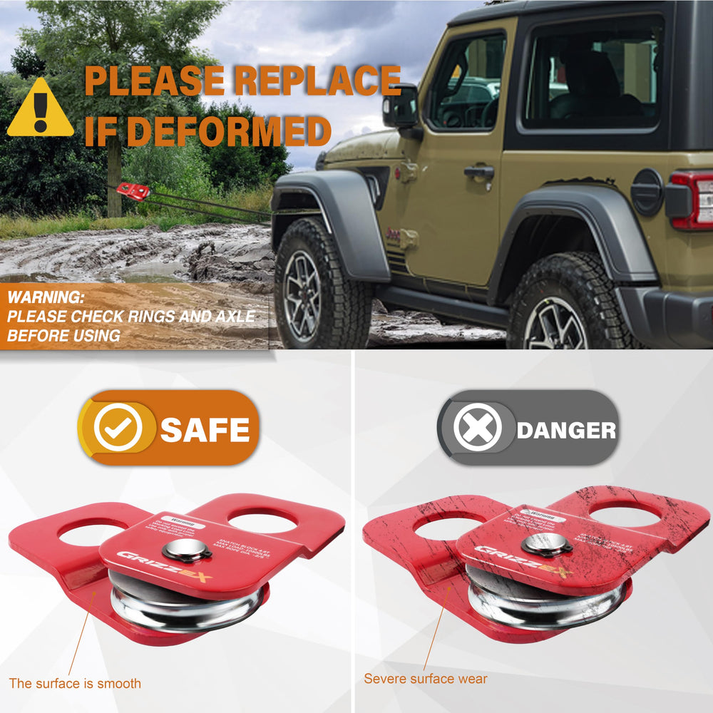 GRIZZEX pully with synthetic rope threaded through showing compatibility and reduced winch strain