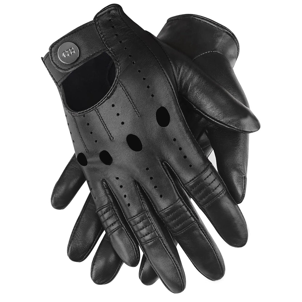 GSG black leather gloves front view showing sleek silhouette and fit benefit