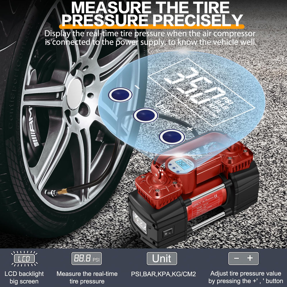 GSPSCN inflating a car tire on roadside, delivering fast 70L/min airflow