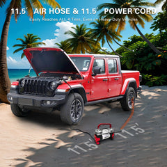 GSPSCN inflator connected to car tire demonstrating fast, hands-free inflation