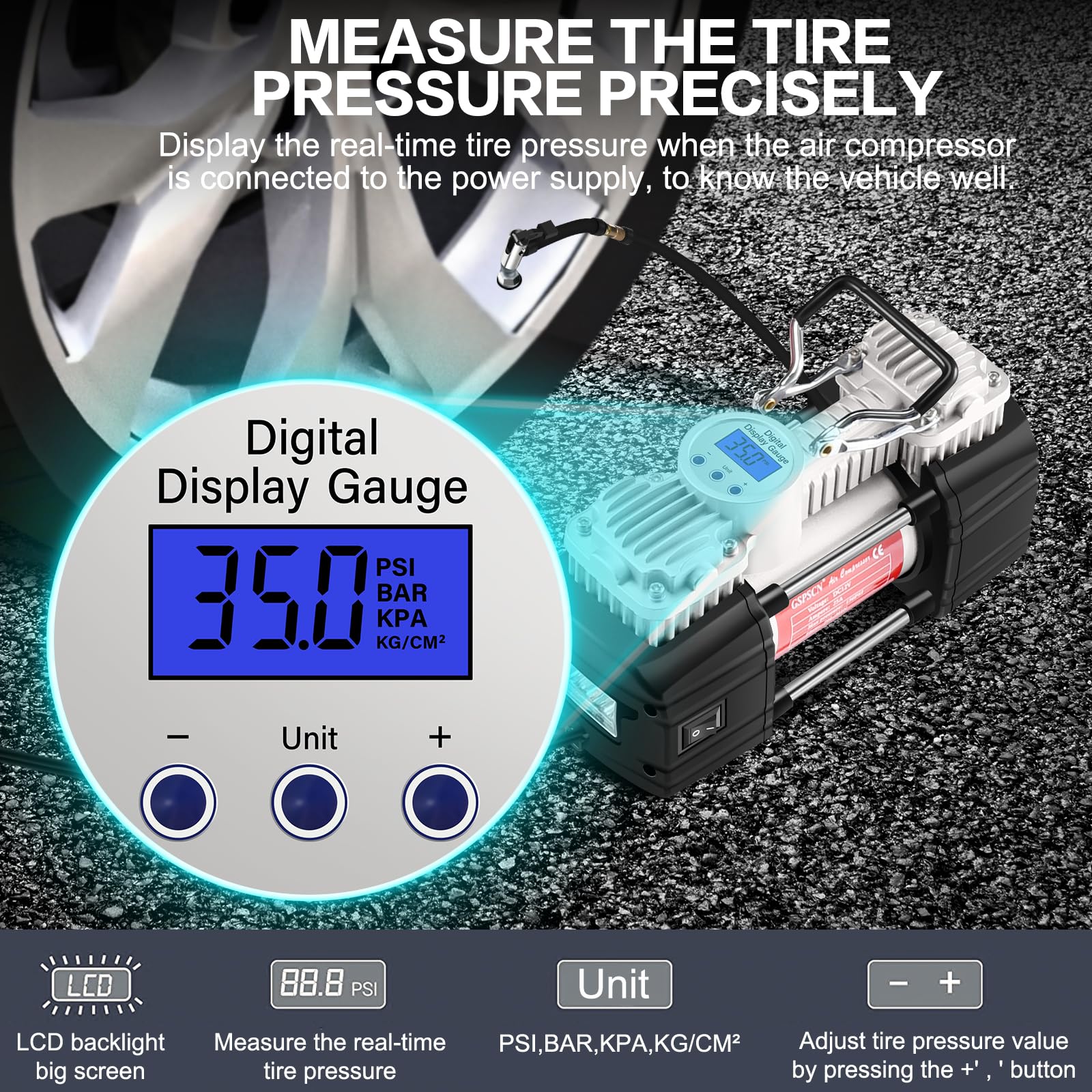 GSPSCN pump connected to tire valve demonstrating fast, accurate inflation
