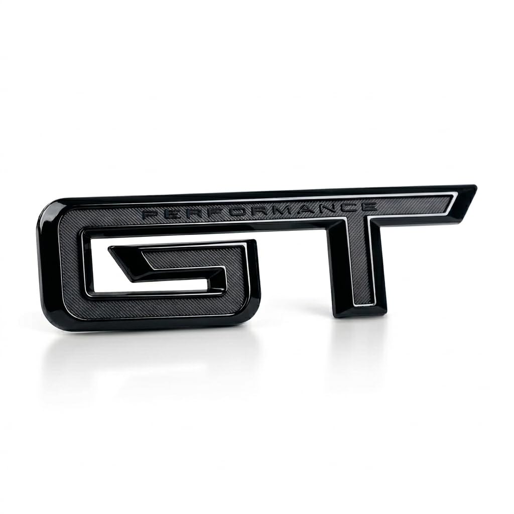 Generic GT badge front view gloss black showing clean OEM fit and updated look
